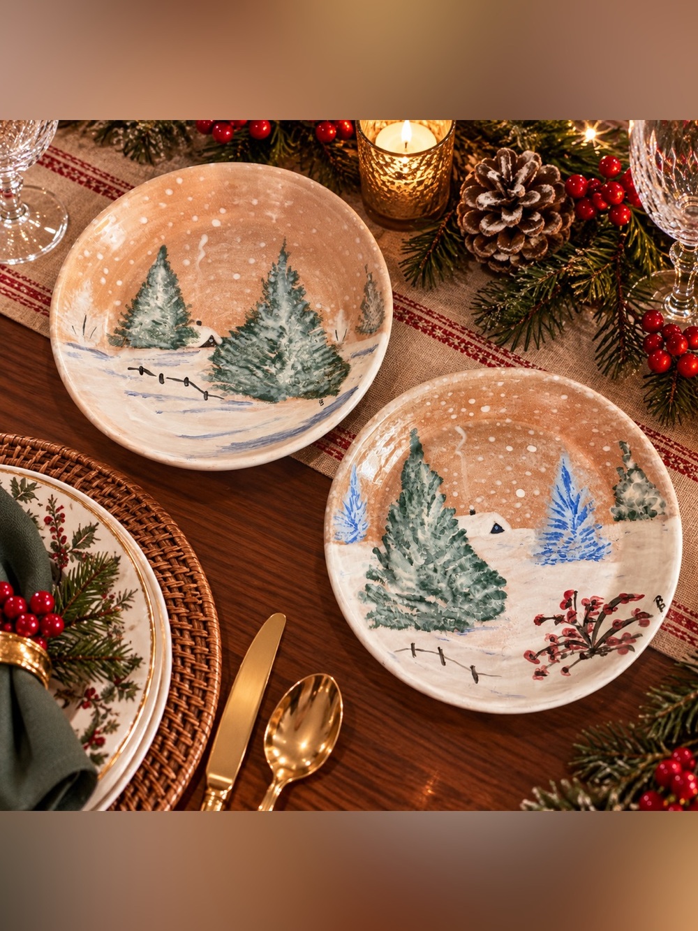🎄 Hand-Painted Christmas Winter Scene Pottery Low Bowls – Set of 2